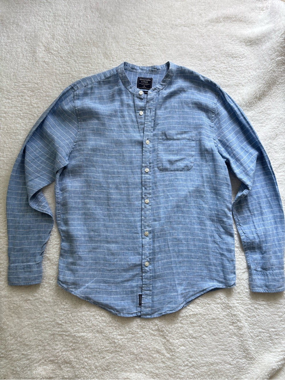 Abercrombie & Fitch Men’s 100% Linen Band Collar Shirt Blue Striped XL